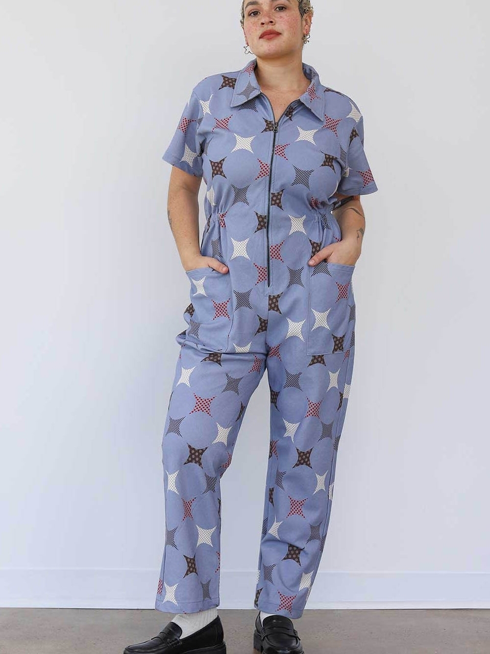 Short-Sleeve Zip-Front Lavender Patterned Jumpsuit